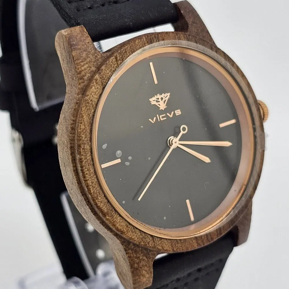 VICVS‎ Men's Wood Watch 40MM Black Dial Black Leather Bands New Battery